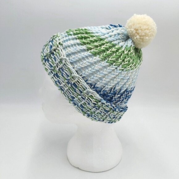 Fingerless Gloves Beanie Hat Toque Pompom Small Blue Green Handmade Loom Knit - Picture 12 of 16